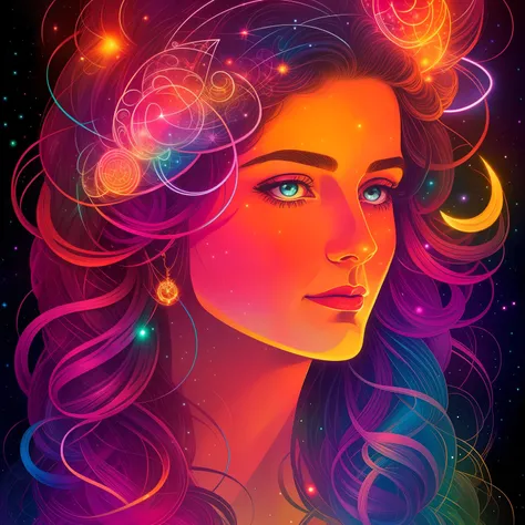 **lady staring at the camera with colorful lights in her hair, in the style of cosmic symbolism, ruth sanderson, detailed facial features, dan mumford --ar 1:1 --s 50