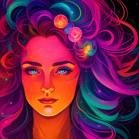 **lady staring at the camera with colorful lights in her hair, in the style of cosmic symbolism, ruth sanderson, detailed facial features, dan mumford --ar 1:1 --s 50