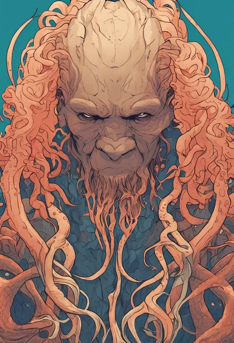 homem alto e musculoso, with a dark skin and blonde hair combed into eight tentacles, that resemble the tentacles of a squid. Your eyes have a clear and distinctive color