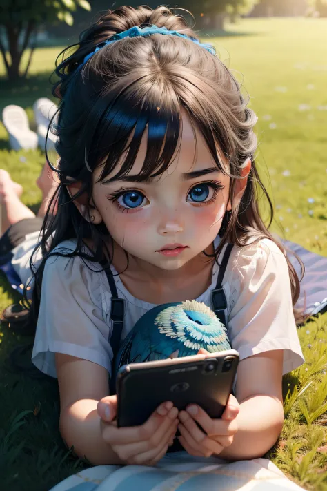 Create a picture of a 6-year-old child, Lying face down on a blanket on a lawn in a garden, while holding a phone in front of you. Seus cabelos loiros brilham sob o sol, and his blue eyes are fixed on the screen with a magical intensity. Her calm expressio...