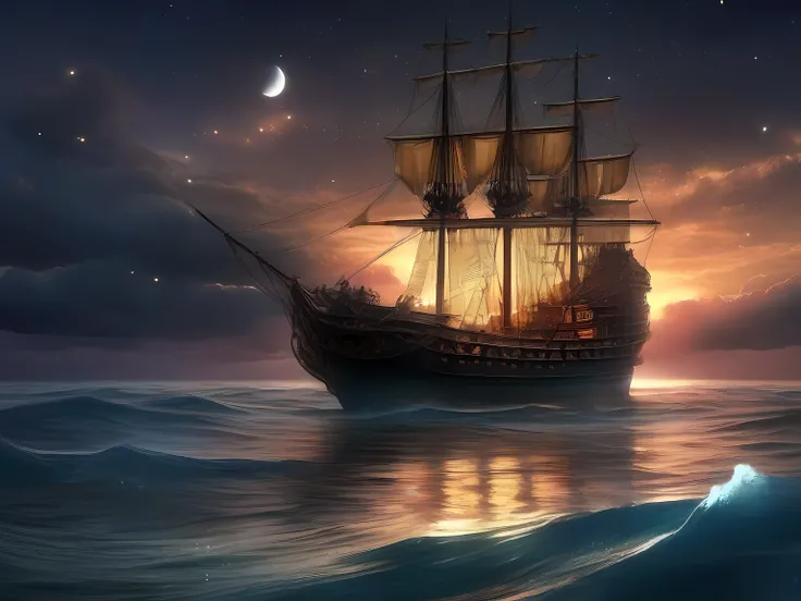 Vessel on the high seas, mar calmo, Night scenery, sky lit only by stars, um gigante marinho emergindo no horizonte, beleza divina, detalhes intrincados, 8K