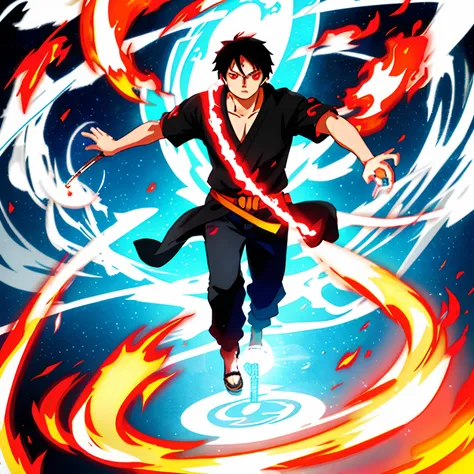 1man, solo, Benimaru shinmon from fire force, black hair, chin-length hair, glowing red eyes, white short sleeve shirt, sweater around waist, blue pants, fire wheel, wheel of fire, fire wheel behind, adult man, aged