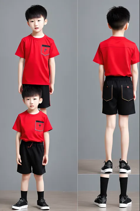 A young boy with，Short hair red，Red eyes，It looks fierce，Black shirt with short sleeves，Black  shorts，The action pinches the waist，Standing full body diagram，Background orphanage。