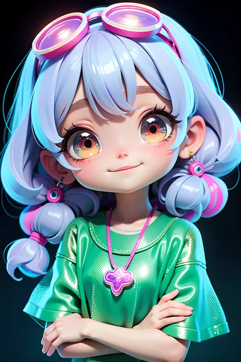 loli menina linda , olhos delicados, sorriso delicado, opalescente, perolescente, holographic,  fundo escuro