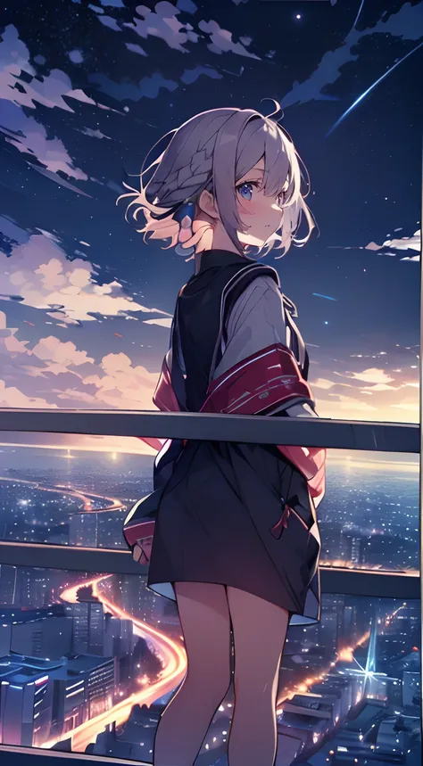 masutepiece, Best Quality,Illustration, Wallpaper, Ultra Detail, absurderes, 1girl in、 (Medium short hair、short braided hair), Beautiful ultra-detailed eyes , Hair fluttering in the wind、nffsw、Smaller head、Beautiful night sky、(a panoramic view:1.5)