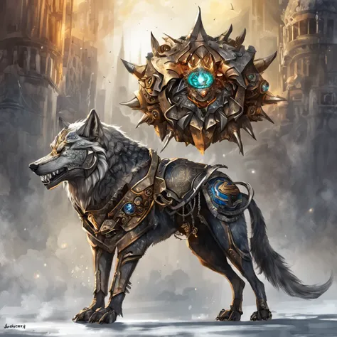 maximum quality, Dramatic lighting, menacing pose, fierce expression, epic atmosphere, (((wolf head shaped helmet))), (((full body shot))),a wolf made out of metal, cyborg, cyberpunk style, clockwork, ((intricate details)), hdr, ((intricate details, hyperd...