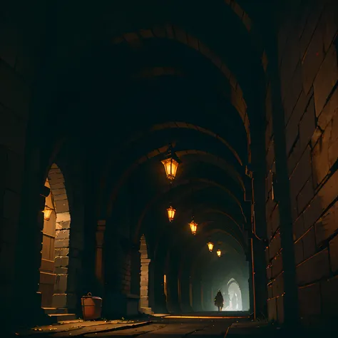 Night, Twilight, archs, Descent under the sidewalk, wooden bucket, Realistic fantasy, Gloomy horror, wood bridges,Realistic cinema，Photographic lenses。