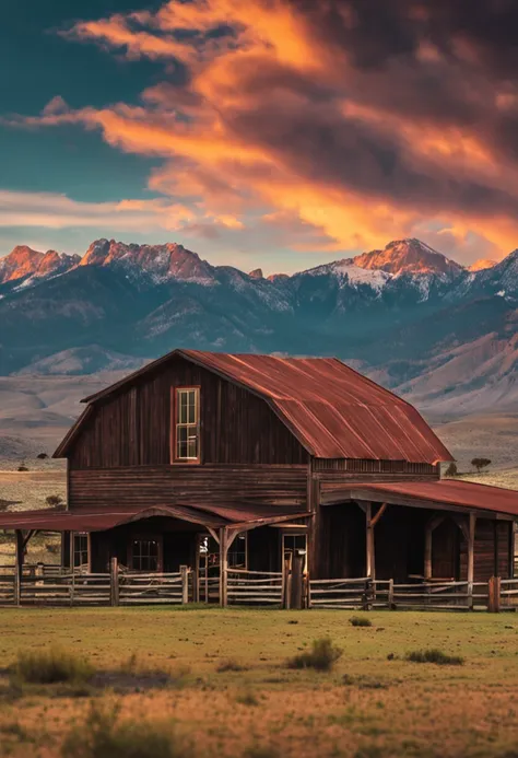 Cattle ranch with barn house and corral with mountains in the background