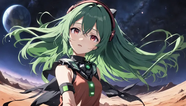 Realistic anime of a girl dancing in the Mars desert with long green hair, with a large headset on your head, sorrindo, Black sky with planet earth in the background.