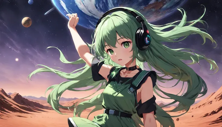 Realistic anime of a girl dancing in the Mars desert with long green hair, with a large headset on your head, sorrindo, Black sky with planet earth in the background.