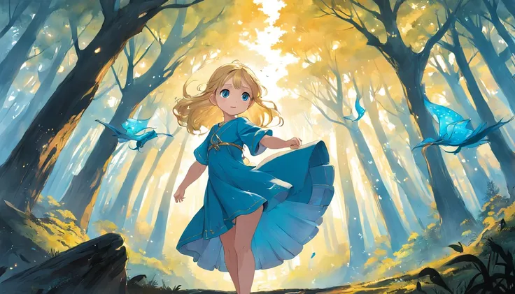 Create a captivating illustration that perfectly encapsulates the essence of Chapter 2: Magical Traces. In this image, prominently feature a three-year-old girl with golden blonde hair that gleams like spun gold and deep, inquisitive blue eyes that sparkle...