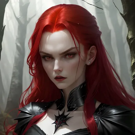 A super realistic and highly detailed depiction of a seventeen years old tall vampire woman with vibrant red hair, adorned in a sleek black attire, showcasing an intense and sinister expression, situated in the midst of a dimly lit forest.