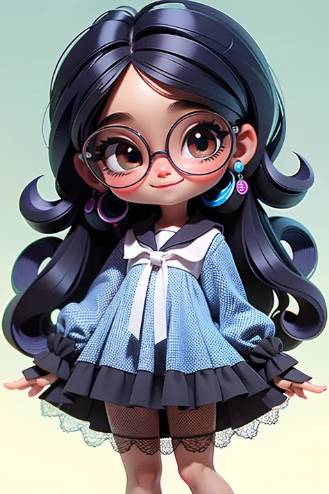 Loli Menina negra , Eyeglasses, olhos delicados e detalhados, sorriso delicado e detalhados, opalescente, Perolescente, Holographic,  fundo escuro