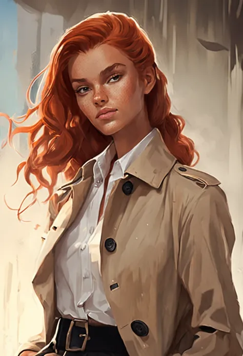 Longas, wavy red hair pulled back in a low bun Light green eyes Light skin with freckles all over her face Wears a classic tanned trench coat over a button-down white shirt and black pants Black oxford shoes Always wears a silver watch and small earrings :...