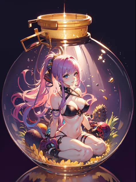 perfect eyes:1.2, detailed eyes:1.4, pineapple, smile, sitting, full body, air bubble, (masterpiece:1.2, best quality), phgls, /bottle, in container, (finely detailed beautiful eyes: 1.2), 1girl, solo, big breasts, tentacles, purple hair, pink hair, two-to...