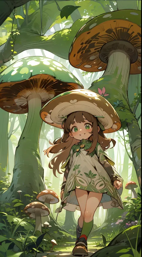 1girl, beautiful eye, smile, mushroom maiden, playful expression, thin eyebrows, mushroom cap styled hat, dress made from natural materials, red and white pattern, brown hair, short, bobbed, green eyes with a mischievous glint, walking pose, background of ...