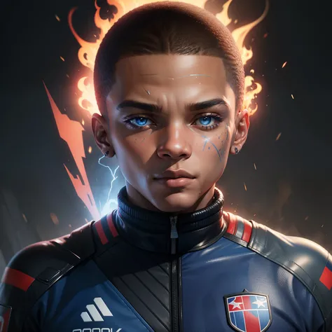 Kylian Mbappe, cyborg, cyberpunk, field, flame, red and blue