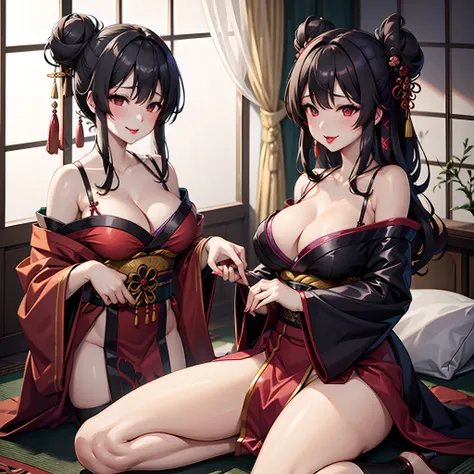 Best quality, highest resolution, Very large breasts, traditional japanese kimono, v-neck, cleavage, visible bra, see-through, black hair, long hair, bun updo, red lips, black thigh highs, licking own lips, oni girl,