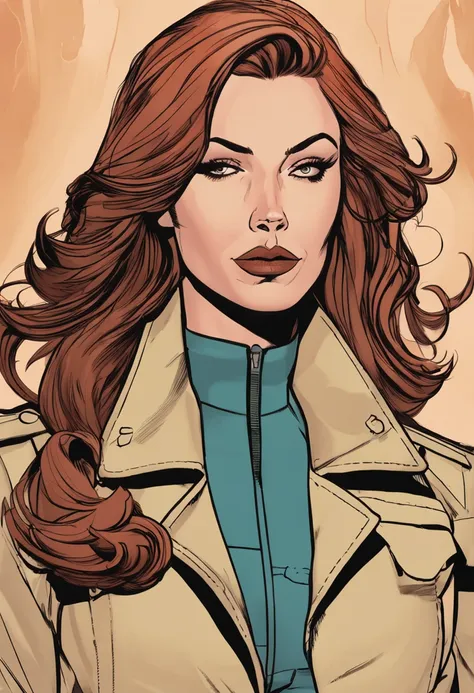 um close up de uma pessoa em um trench coat e jeans, arte oficial do personagem, official character illustration, adam hughes, Closeup da arte do personagem, pesquisadora do sexo feminino, Retrato de corpo inteiro de Jean Grey, arte detalhada do personagem...