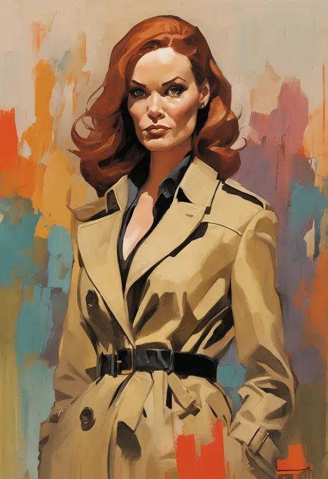 um close up de uma pessoa em um trench coat e jeans, arte oficial do personagem, official character illustration, adam hughes, Closeup da arte do personagem, pesquisadora do sexo feminino, Retrato de corpo inteiro de Jean Grey, arte detalhada do personagem...