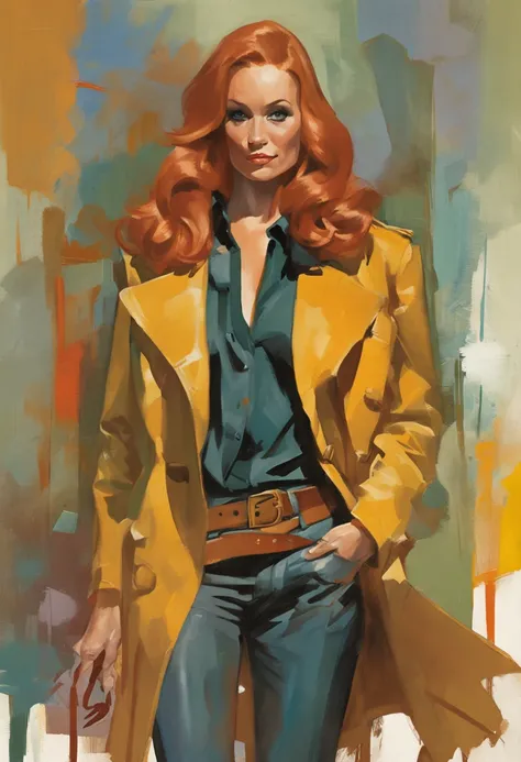 um close up de uma pessoa em um trench coat e jeans, arte oficial do personagem, official character illustration, adam hughes, Closeup da arte do personagem, pesquisadora do sexo feminino, Retrato de corpo inteiro de Jean Grey, arte detalhada do personagem...