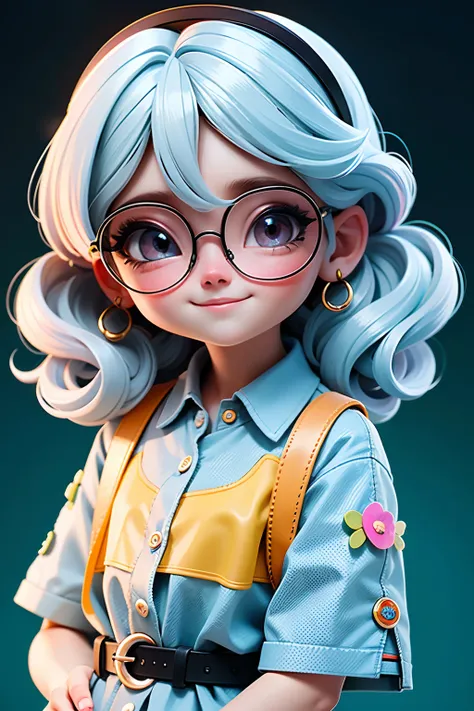 Loli Menina, cabelo mesclado, preso, modern accessories , Eyeglasses, olhos delicados e detalhados, sorriso delicado e detalhados, opalescente, Perolescente, Holographic,  fundo escuro