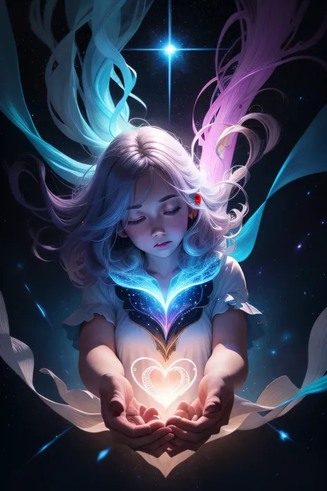 "Por favor, Create an image that represents the fusion of the human heart with the supernatural realm and the vast universe.

Imagine an ethereal and mysterious scenario. No centro da imagem, A human heart shines with a soft, sparkling light. The heart see...