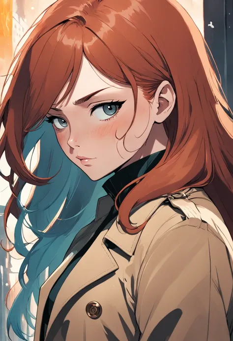 um close up de uma pessoa em um trench coat e jeans, arte oficial do personagem, official character illustration, adam hughes, Closeup da arte do personagem, pesquisadora do sexo feminino, Retrato de corpo inteiro de Jean Grey, arte detalhada do personagem...