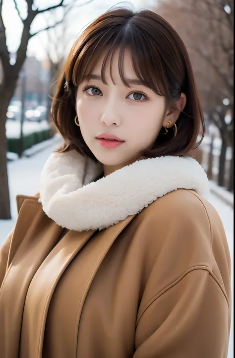 1 girl, bare_tree, brown_eyes, brown_hair, building, coat, cross_earrings, earrings, fur, fur trimmed_coat, fur_collar, fur_scarf, fur_trim, jewelry, lips, shorthair, looking_at_viewer, outdoors, snow, snow, solo, tree, upper_body, Winter, winter_clothes, ...