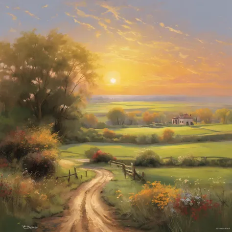 "Classic painting of a serene countryside landscape, capturing the essence of a bygone era with its timeless beauty and charm. Soft brushstrokes, warm color palette, and meticulous attention to detail bring this picturesque scene to life. A solitary figure...