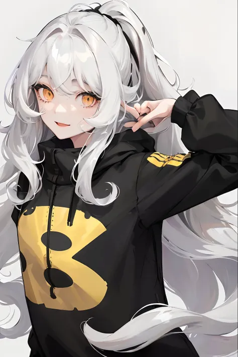 1woman, ((long wavy hair)), ((half of her hair is white and the other half of her hair is black split into two colors)), swept bangs, ((golden eyes)), smile, modern clothes