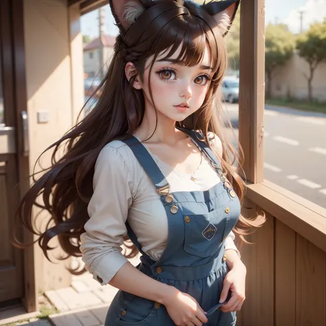 Busty brunette girl with kitten ears with long wavy brown hair in cheeklet overalls dress anime style ,estilo anime 2D super kawaii orejas de gato