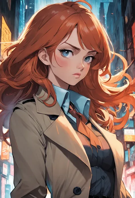 um close up de uma pessoa em um trench coat e jeans, arte oficial do personagem, official character illustration, adam hughes, Closeup da arte do personagem, pesquisadora do sexo feminino, Retrato de corpo inteiro de Jean Grey, arte detalhada do personagem...