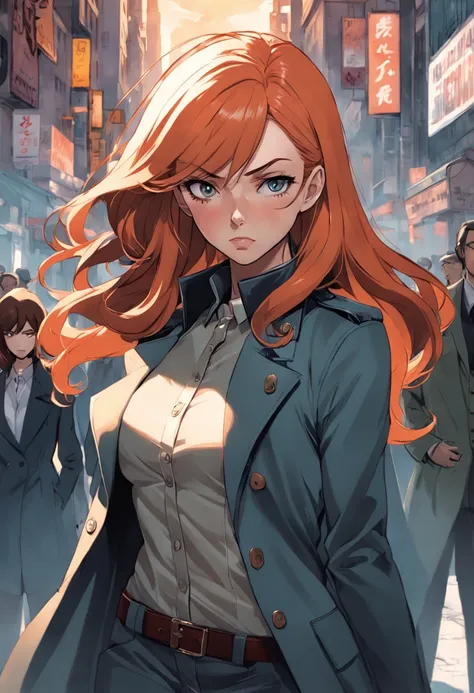 um close up de uma pessoa em um trench coat e jeans, arte oficial do personagem, official character illustration, adam hughes, Closeup da arte do personagem, pesquisadora do sexo feminino, Retrato de corpo inteiro de Jean Grey, arte detalhada do personagem...