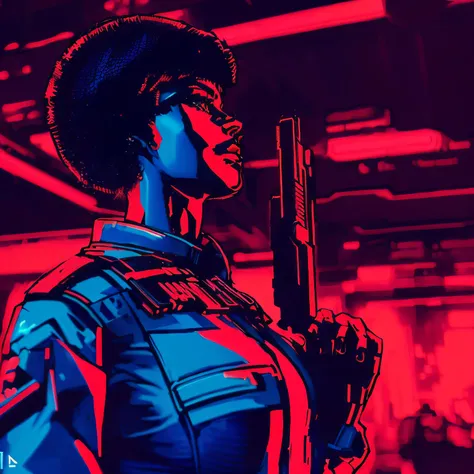 um close up de uma mulher segurando uma arma em um quarto de neon, estilo de arte cyberpunk, estilo de arte cyberpunk, soviet style cyberpunk, cyberpunk cores vibrantes, sombreamento cyberpunk, cyberpunk themed art, arte digital cyberpunk, masterpiece epic...