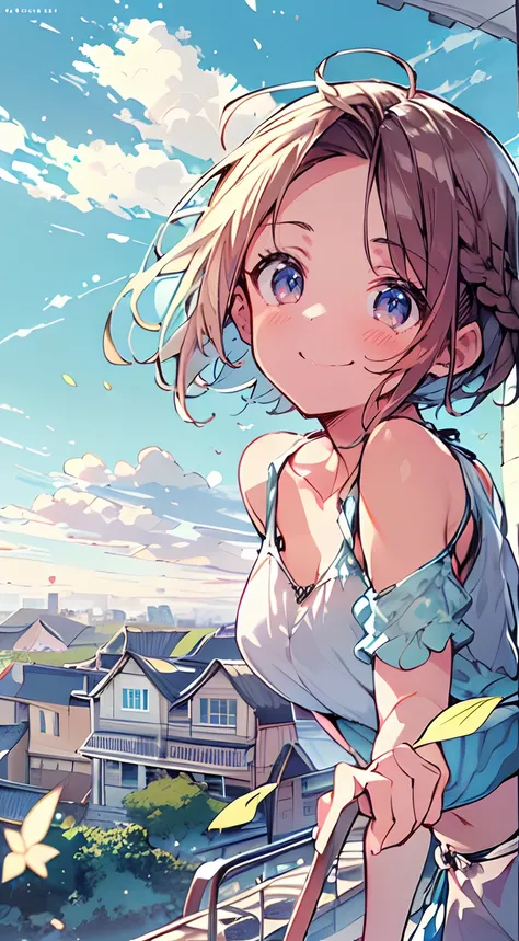 masutepiece, Best Quality,Illustration, Wallpaper, Ultra Detail, Absurdly beautiful, 1girl in、 (Medium short hair、short braided hair), Beautiful ultra-detailed eyes , ample breasts、Hair fluttering in the wind、lightly dressed、A mischievous smile、Smaller hea...