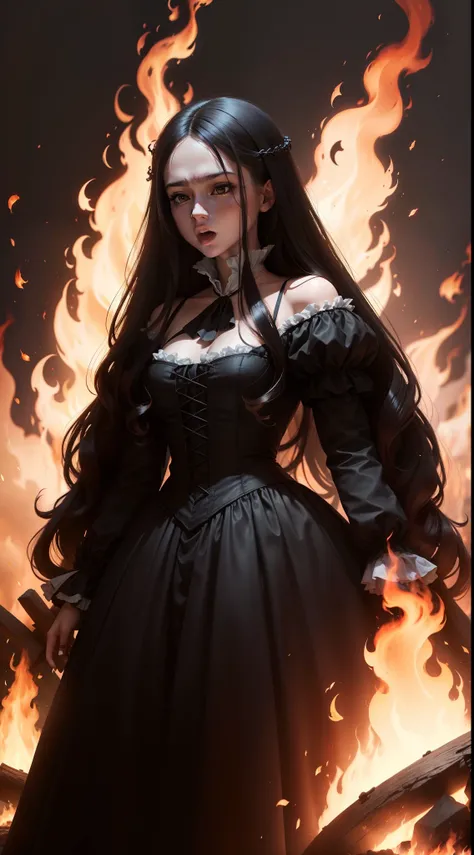 lots of fire, fire, on fire, burning at the stake, a lot of flames, clothing on fire, burning, screaming, long dark hair, black dress, 1600s