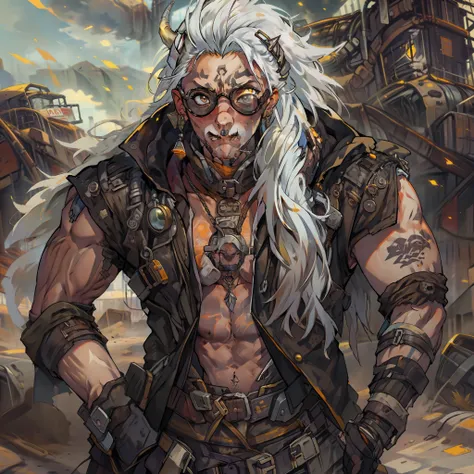 male with long white hair, wearing steampunk goggles, villain, wearing casual desert punk clothing, has lower lip stud piercings, muscular, abs visible, wearing metal collar, has wolf ears