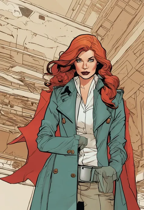 um close up de uma pessoa em um trench coat e jeans, arte oficial do personagem, official character illustration, adam hughes, Closeup da arte do personagem, pesquisadora do sexo feminino, Retrato de corpo inteiro de Jean Grey, arte detalhada do personagem...