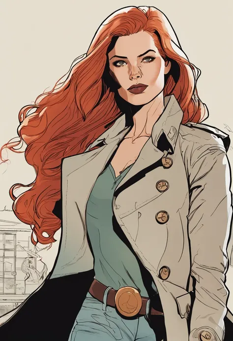 um close up de uma pessoa em um trench coat e jeans, arte oficial do personagem, official character illustration, adam hughes, Closeup da arte do personagem, pesquisadora do sexo feminino, Retrato de corpo inteiro de Jean Grey, arte detalhada do personagem...