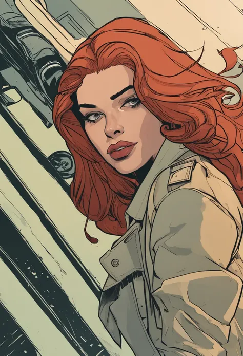 um close up de uma pessoa em um trench coat e jeans, arte oficial do personagem, official character illustration, adam hughes, Closeup da arte do personagem, pesquisadora do sexo feminino, Retrato de corpo inteiro de Jean Grey, arte detalhada do personagem...