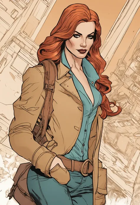 um close up de uma pessoa em um trench coat e jeans, arte oficial do personagem, official character illustration, adam hughes, Closeup da arte do personagem, pesquisadora do sexo feminino, Retrato de corpo inteiro de Jean Grey, arte detalhada do personagem...