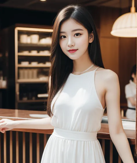 ((Best Quality, 8K, Masterpiece: 1.3)), a beauti, In addition, melon face, Friendly and cute, sweet smile, Pure desire, Slender body, (Full body), (tilted head), ((looking at camera)), White dress, Medium Black Silky Straight Hair, Long flowing shoulders, ...