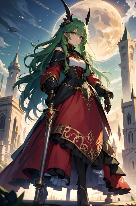 best qualityer，tmasterpiece，Ultimate resolution，downy，Extremely colorful，Colorful，Skysky，hilltop，（Red magic robe long dress），Long flowing green hair，The Witch，a matural female，red high heel pumps，Sit on a magical broom，flight，Normal posture