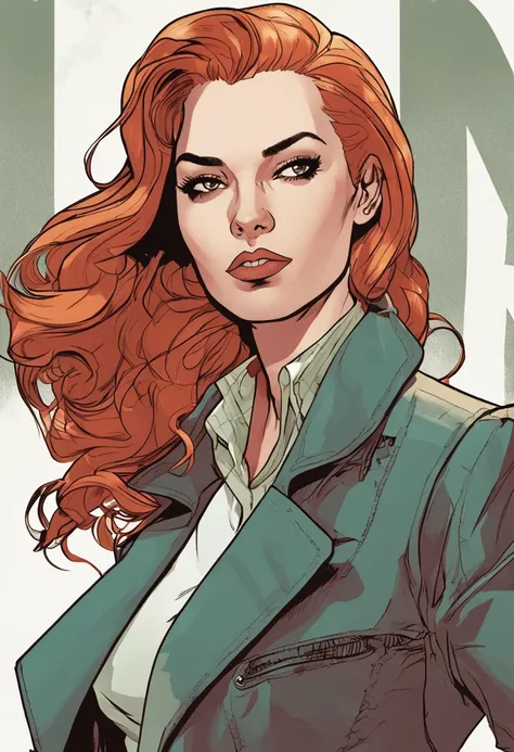 um close up de uma pessoa em um trench coat e jeans, arte oficial do personagem, official character illustration, adam hughes, Closeup da arte do personagem, pesquisadora do sexo feminino, Retrato de corpo inteiro de Jean Grey, arte detalhada do personagem...