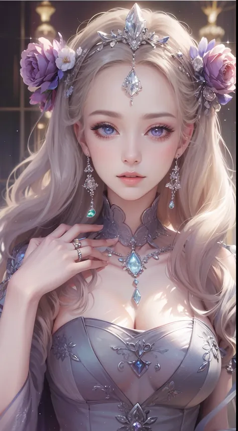 tmasterpiece, Highest high resolution，High-quality content, 8K quality photos with excellent detail, Perfect for presenting dynamic busts of noble maidens, Delicate curves, Bend hair to create gorgeous and intricate fabric textures, Plain purple eyes, Deli...