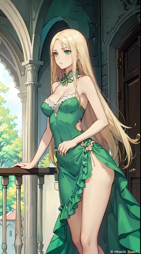 blonde hair, long hair, green eyes, green gown, short skirt, slim legs, navel, balcony, shacking, cleavage, bend over, blank eyes