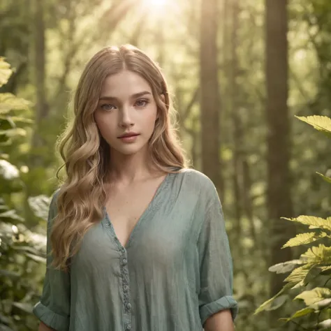 A 20 year old girl with wavy long blond hair, big dark brown eyes, and a perfect ovale face, rendered in a photorealistic style with sharp edges and a vibrant atmosphere, standing in a lush forest with a loose shirt and a bright sunbeam.