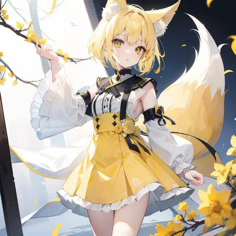 Short fluffy pale yellow hair，It has yellow fox ears，yellow eyes，Wear yellow and white，The one in white silk is a cute and cute girl