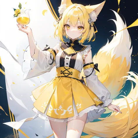 Short fluffy pale yellow hair，It has yellow fox ears，yellow eyes，Wear yellow and white，The one in white silk is a cute and cute girl